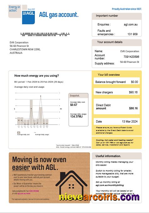 Australia AGL gas business utility bill, version 2